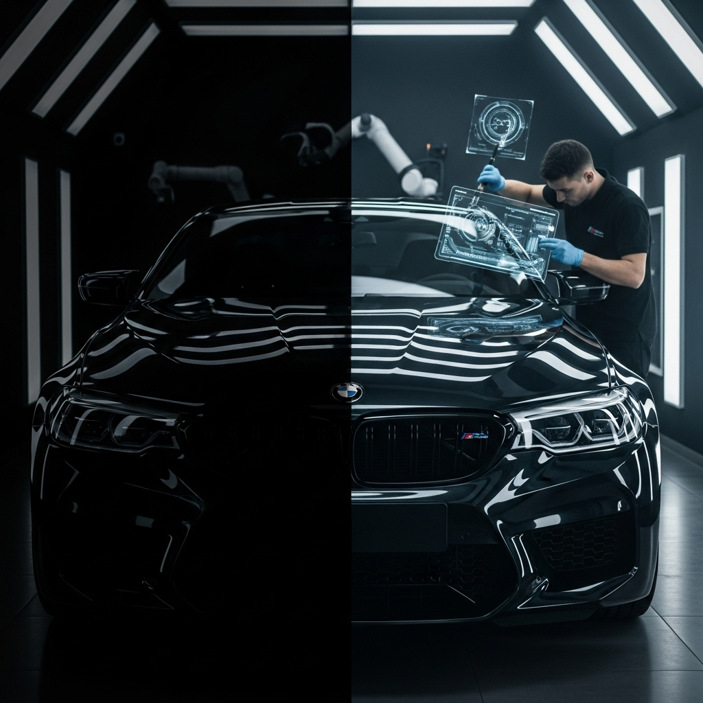A detailer meticulously inspecting a car's flawless paint finish.